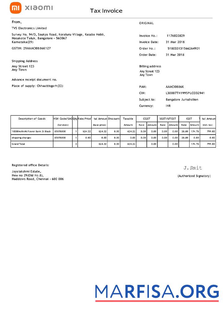 Blank USA Xiaomi invoice template